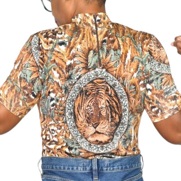 Vintage Lion Portrait Shirt Brown Baroque Jungle Top Shimmer Sheer Knit Small - Picture 6 of 15